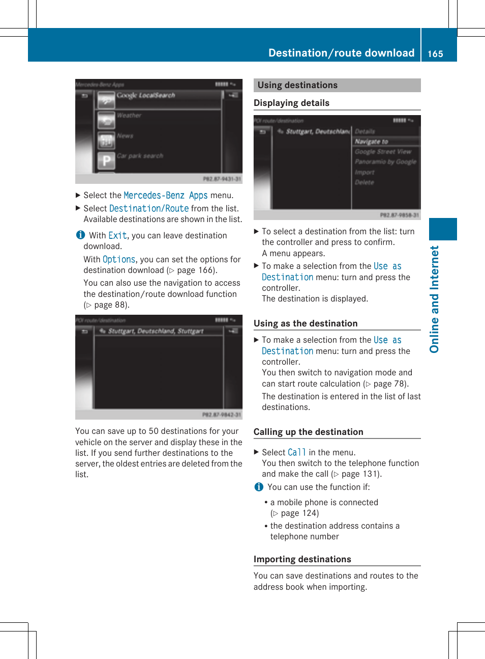 On line and in terne t, Destination/route download | Mercedes-Benz S-Class 2014 COMAND Manual User Manual | Page 167 / 278