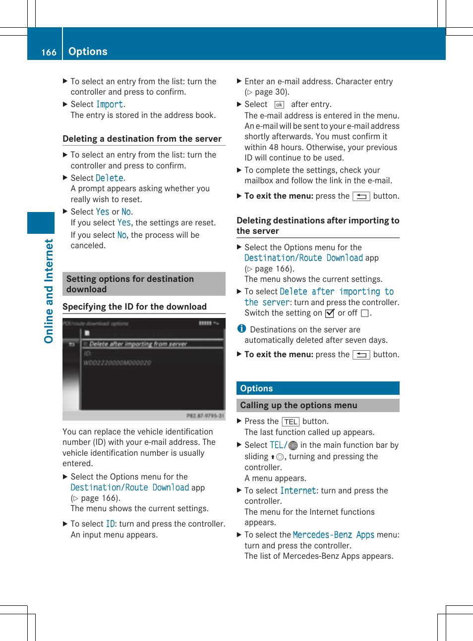 Online and internet, Options | Mercedes-Benz S-Class 2014 COMAND Manual User Manual | Page 168 / 278