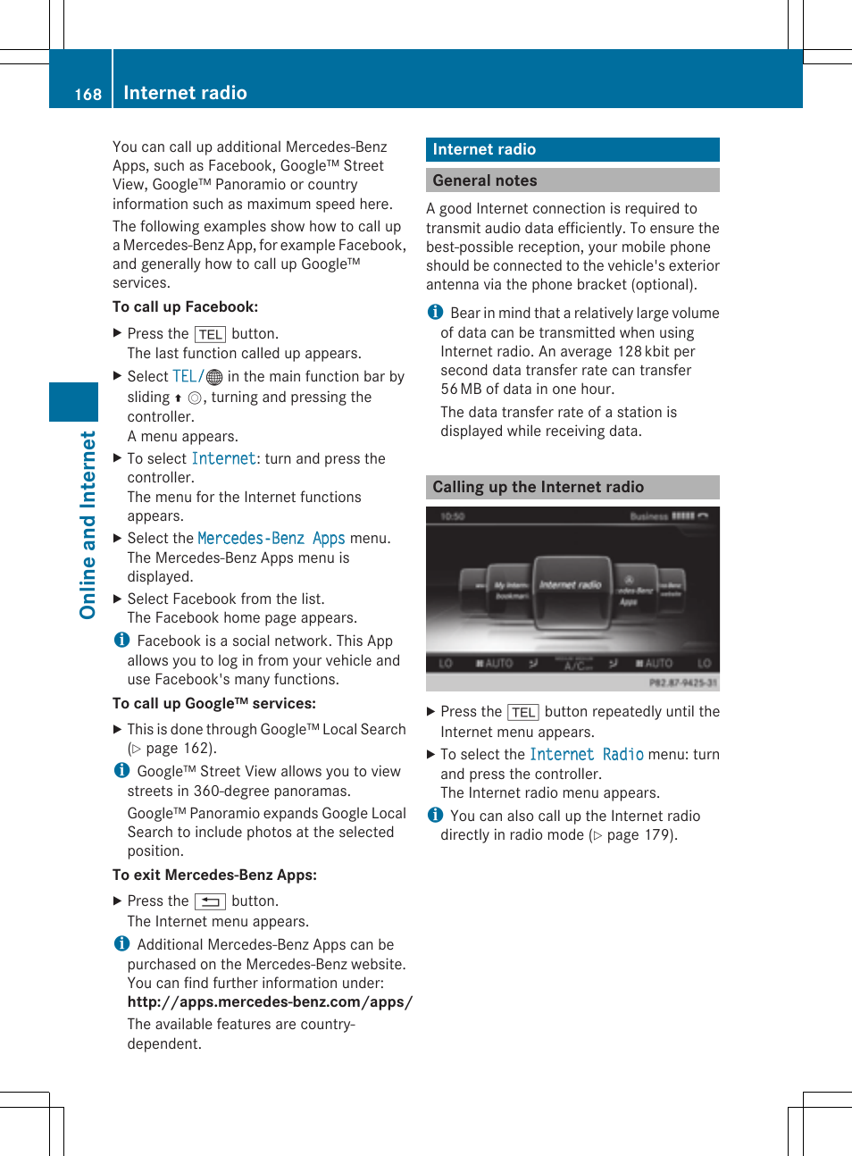 Online and inter net, Internet radio | Mercedes-Benz S-Class 2014 COMAND Manual User Manual | Page 170 / 278