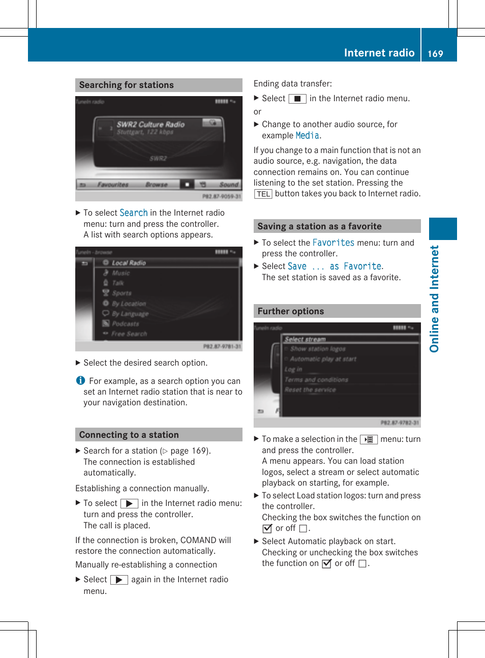 Online and internet, Internet radio | Mercedes-Benz S-Class 2014 COMAND Manual User Manual | Page 171 / 278