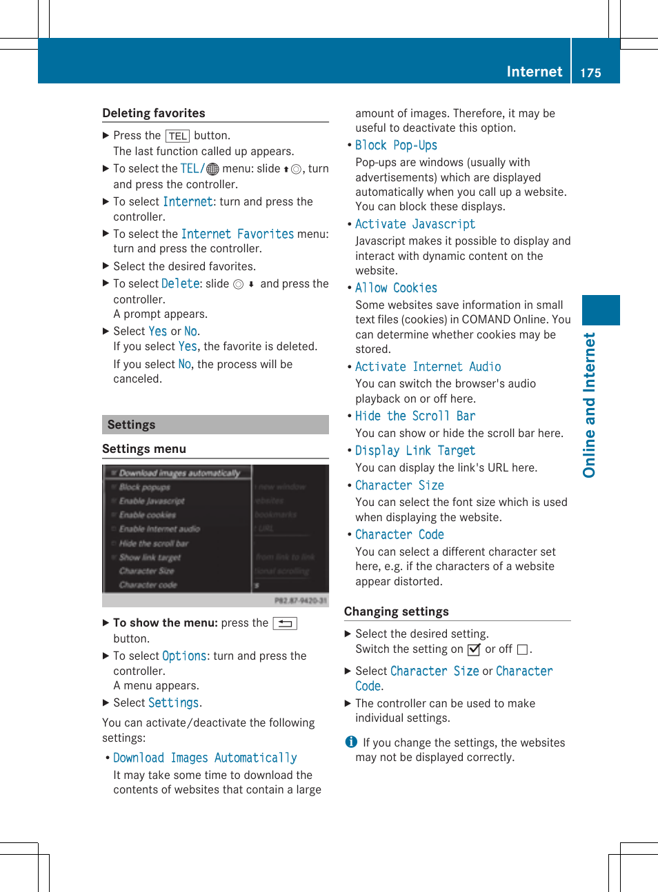 Onlin e an d int er net, Internet | Mercedes-Benz S-Class 2014 COMAND Manual User Manual | Page 177 / 278