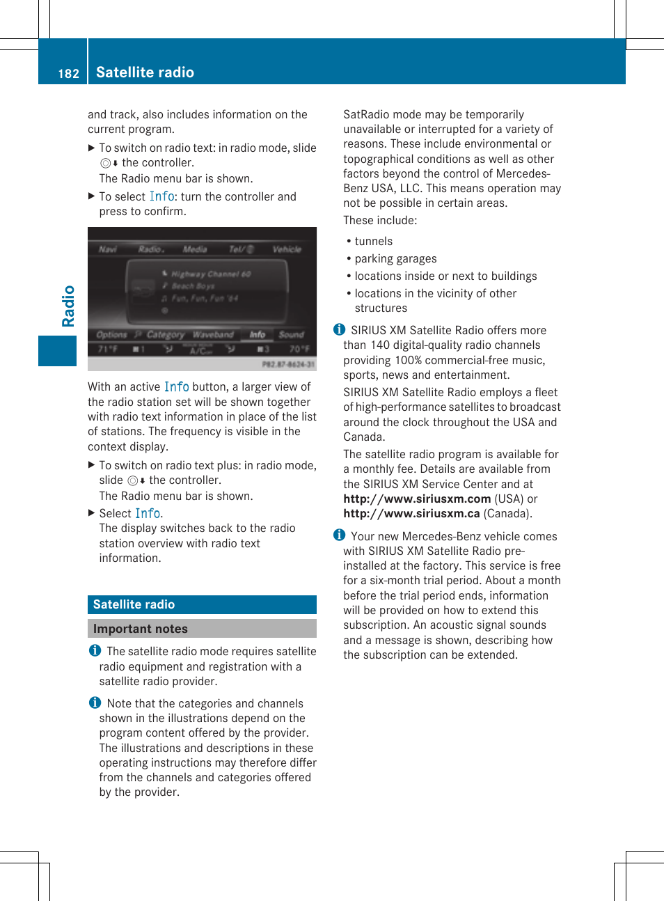 Ra dio, Satellite radio | Mercedes-Benz S-Class 2014 COMAND Manual User Manual | Page 184 / 278