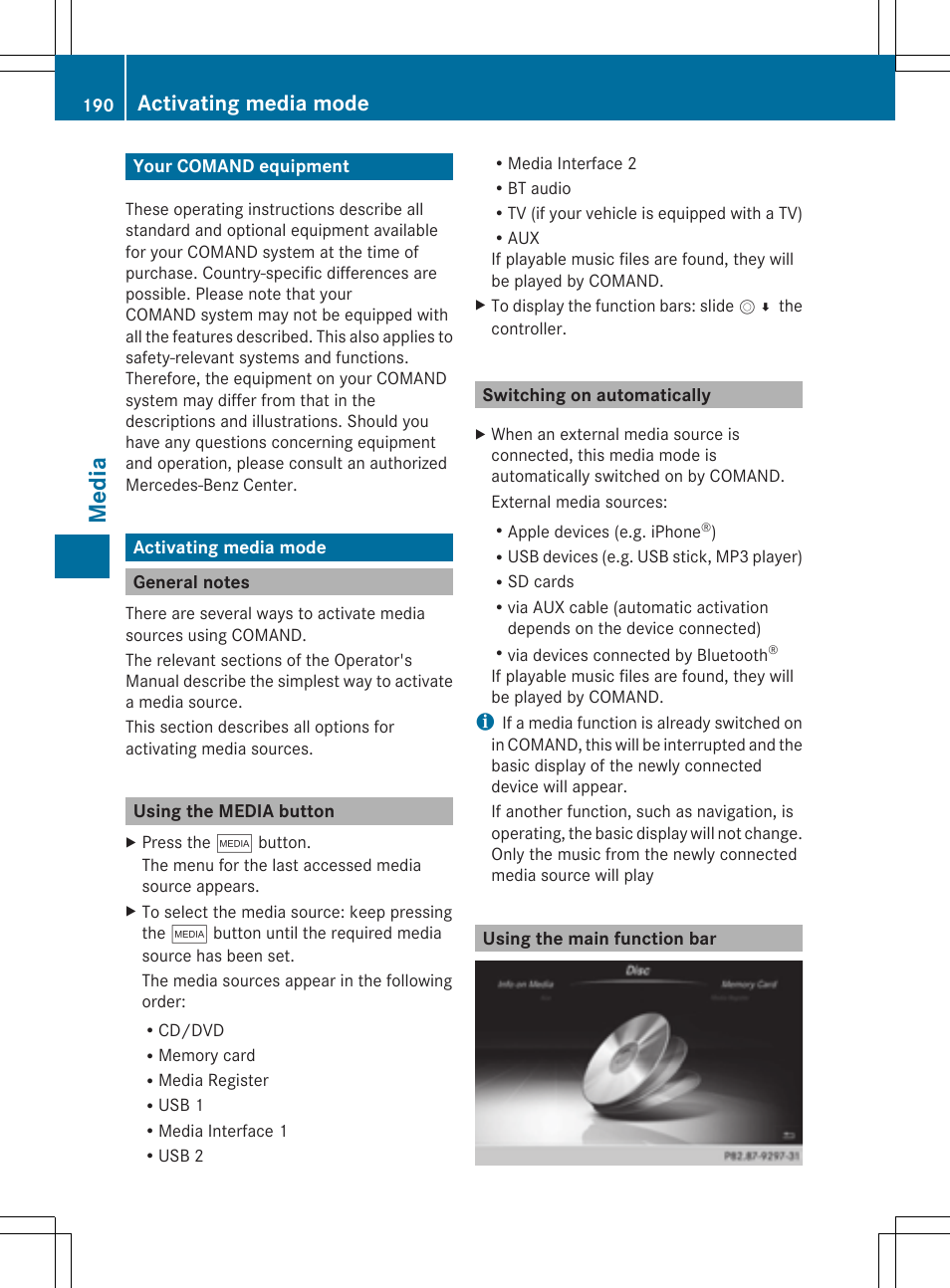 Me dia, Activating media mode | Mercedes-Benz S-Class 2014 COMAND Manual User Manual | Page 192 / 278