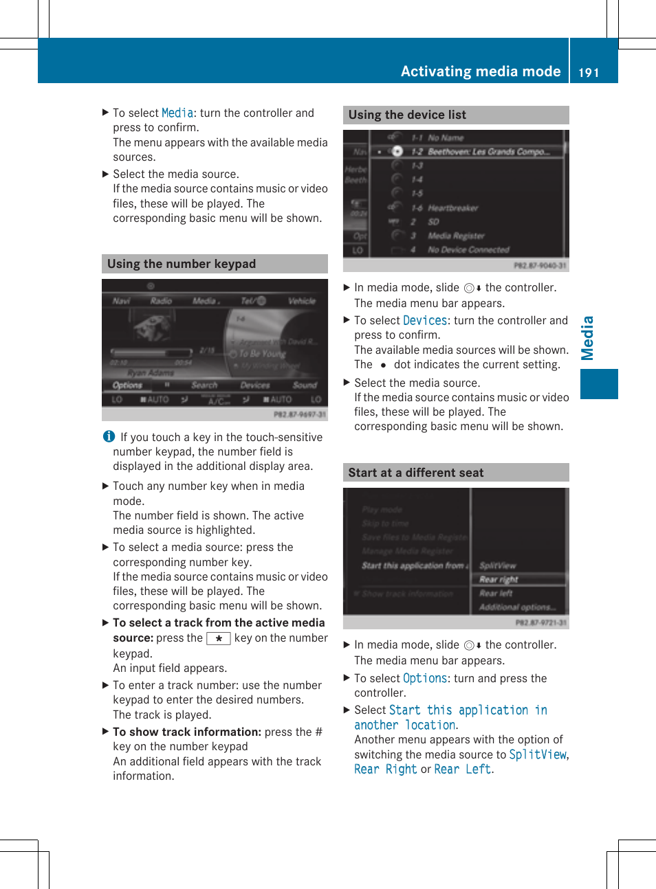 Media, Activating media mode | Mercedes-Benz S-Class 2014 COMAND Manual User Manual | Page 193 / 278