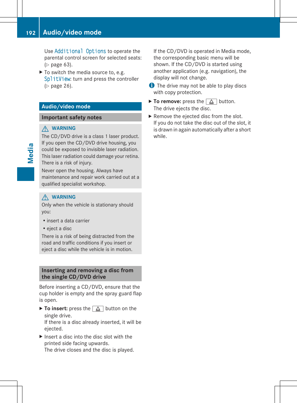 Media, Audio/video mode | Mercedes-Benz S-Class 2014 COMAND Manual User Manual | Page 194 / 278