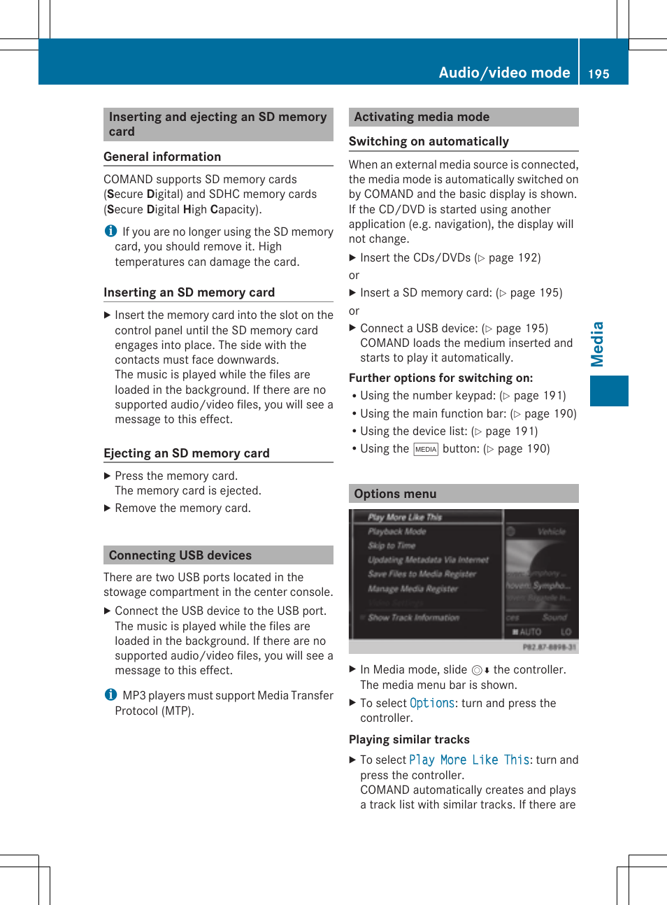 Med ia, Audio/video mode | Mercedes-Benz S-Class 2014 COMAND Manual User Manual | Page 197 / 278