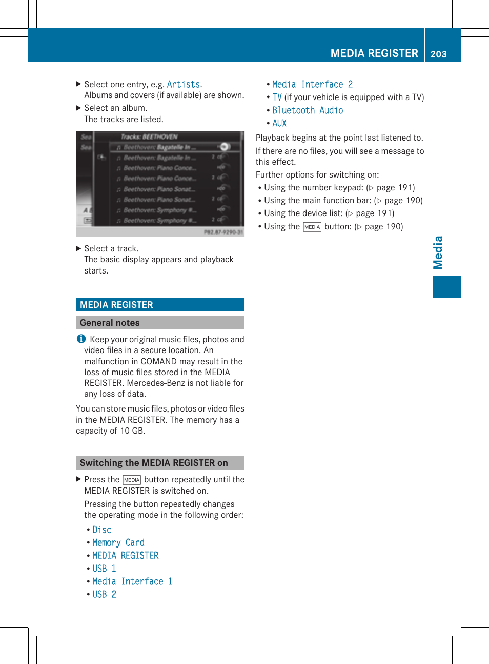 Medi a, Media register | Mercedes-Benz S-Class 2014 COMAND Manual User Manual | Page 205 / 278