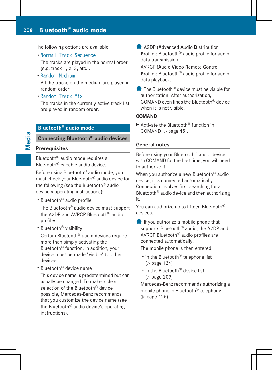 Media, Bluetooth, Audio mode | Mercedes-Benz S-Class 2014 COMAND Manual User Manual | Page 210 / 278