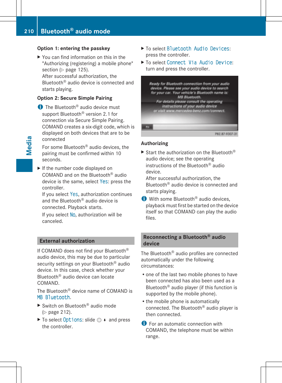 Media, Bluetooth, Audio mode | Mercedes-Benz S-Class 2014 COMAND Manual User Manual | Page 212 / 278