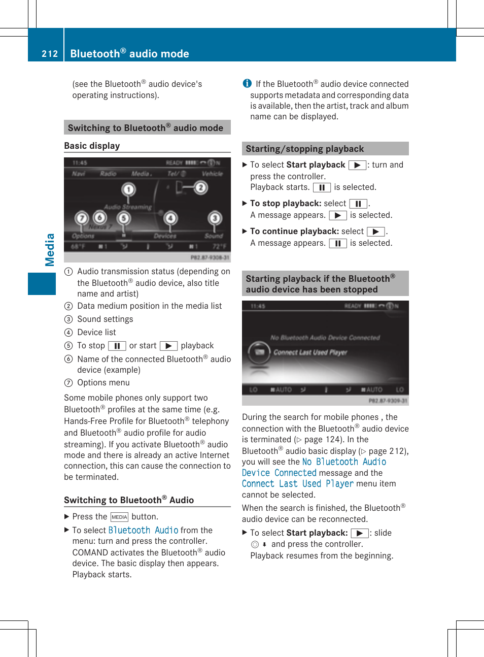 Media, Bluetooth, Audio mode | Mercedes-Benz S-Class 2014 COMAND Manual User Manual | Page 214 / 278