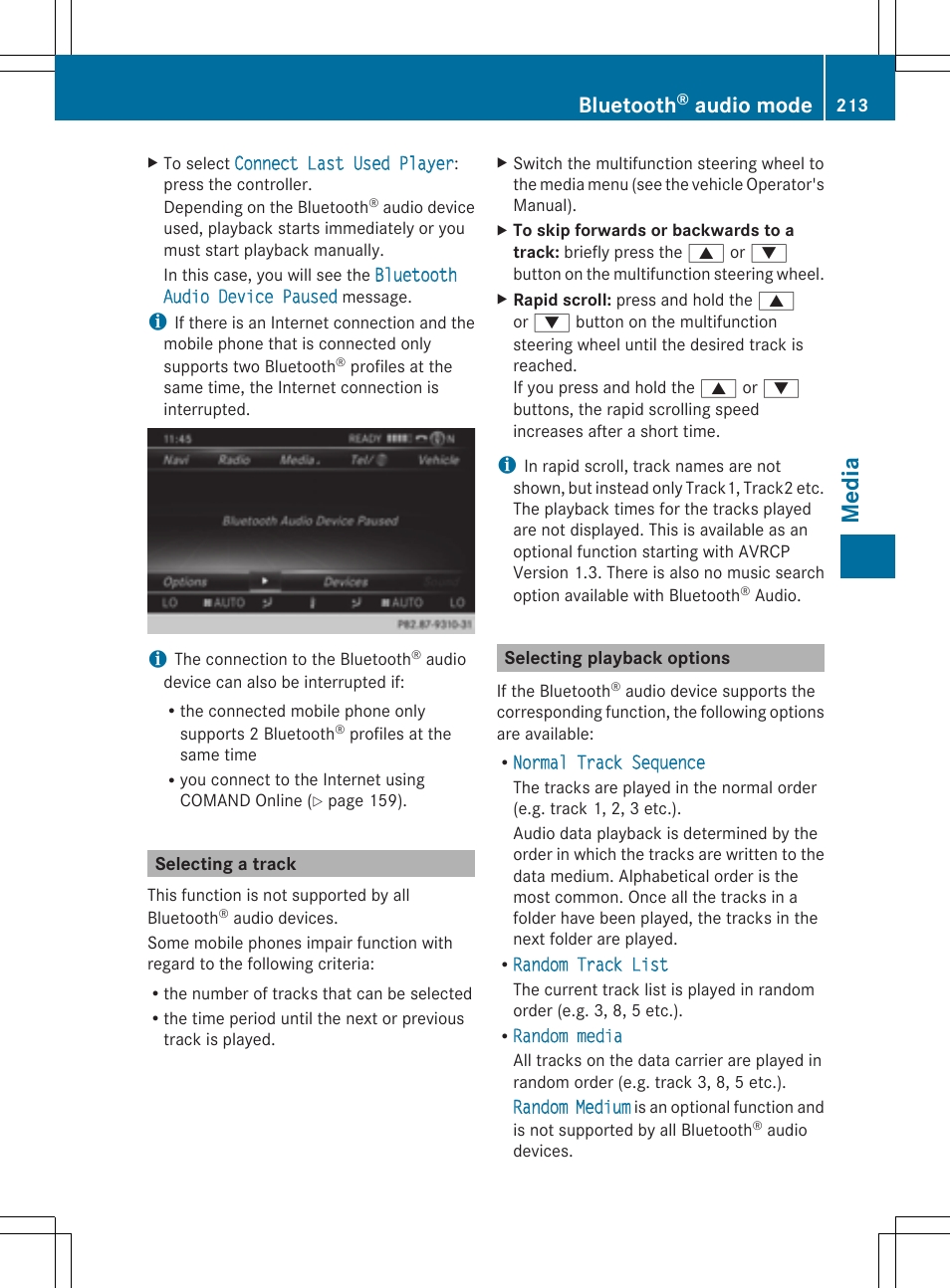 Media, Bluetooth, Audio mode | Mercedes-Benz S-Class 2014 COMAND Manual User Manual | Page 215 / 278