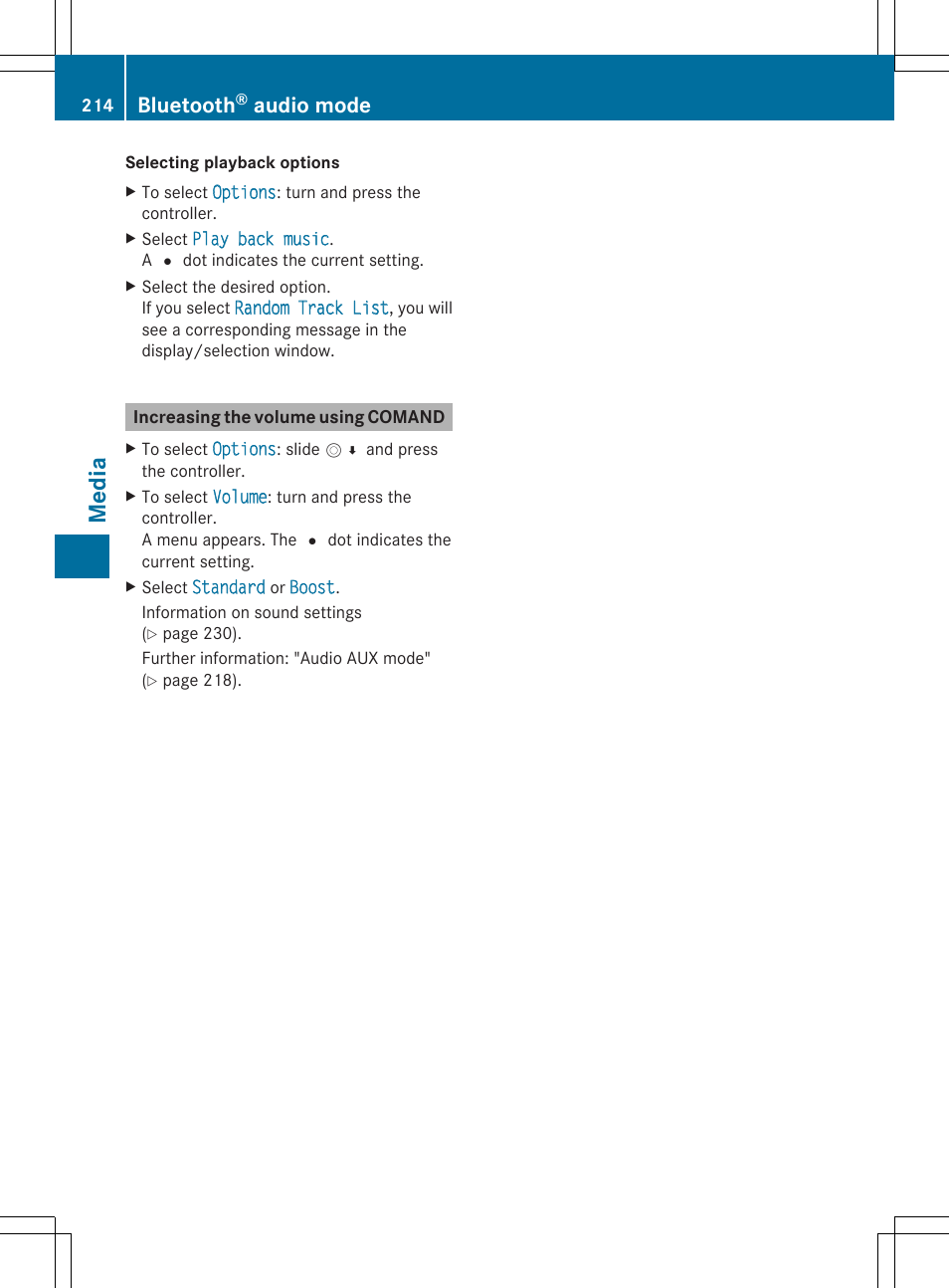 Media, Bluetooth, Audio mode | Mercedes-Benz S-Class 2014 COMAND Manual User Manual | Page 216 / 278