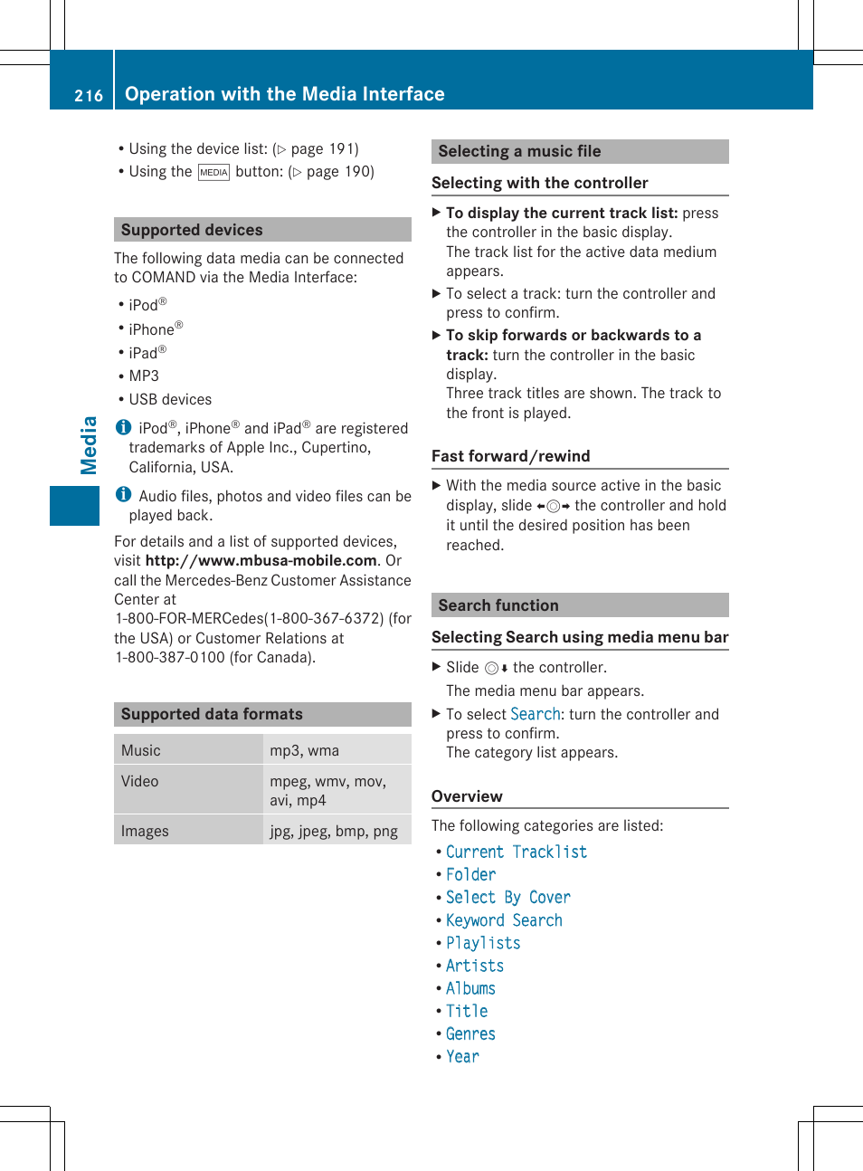 Media, Operation with the media interface | Mercedes-Benz S-Class 2014 COMAND Manual User Manual | Page 218 / 278