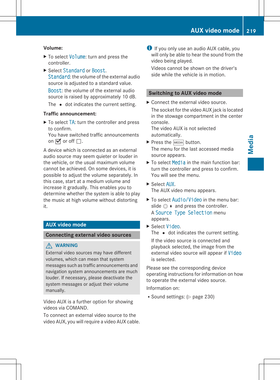 Medi a, Aux video mode | Mercedes-Benz S-Class 2014 COMAND Manual User Manual | Page 221 / 278