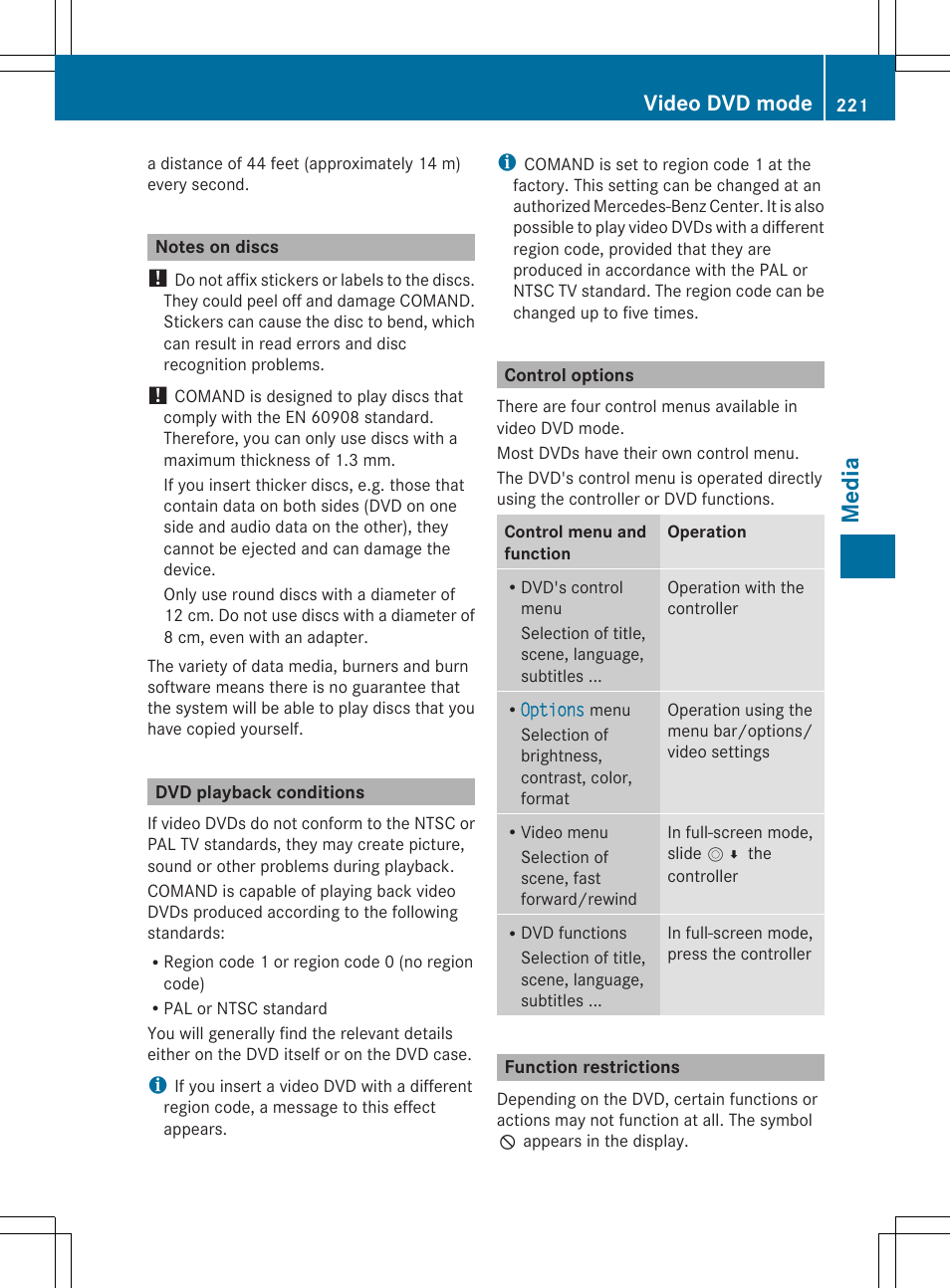 Med ia, Video dvd mode | Mercedes-Benz S-Class 2014 COMAND Manual User Manual | Page 223 / 278