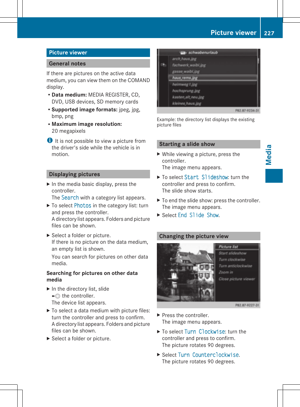 Media, Picture viewer | Mercedes-Benz S-Class 2014 COMAND Manual User Manual | Page 229 / 278