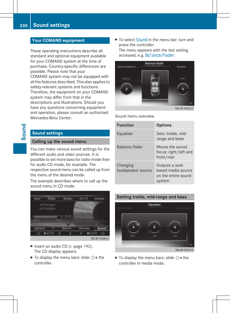 So und, Sound settings | Mercedes-Benz S-Class 2014 COMAND Manual User Manual | Page 232 / 278