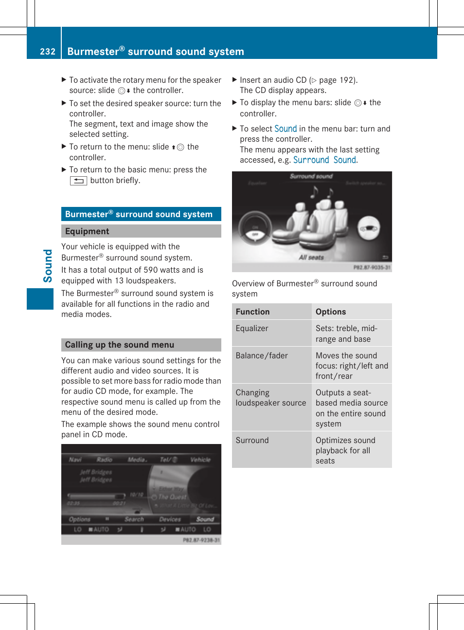 Sound, Burmester, Surround sound system | Mercedes-Benz S-Class 2014 COMAND Manual User Manual | Page 234 / 278