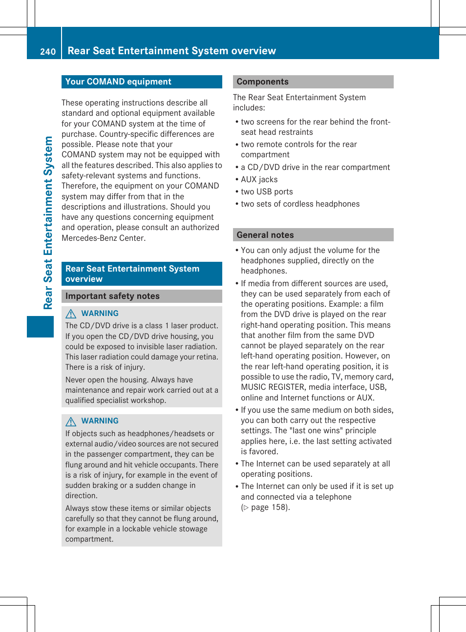 Rea rse at ent er tai nme nt sy ste m, Rear seat entertainment system overview | Mercedes-Benz S-Class 2014 COMAND Manual User Manual | Page 242 / 278