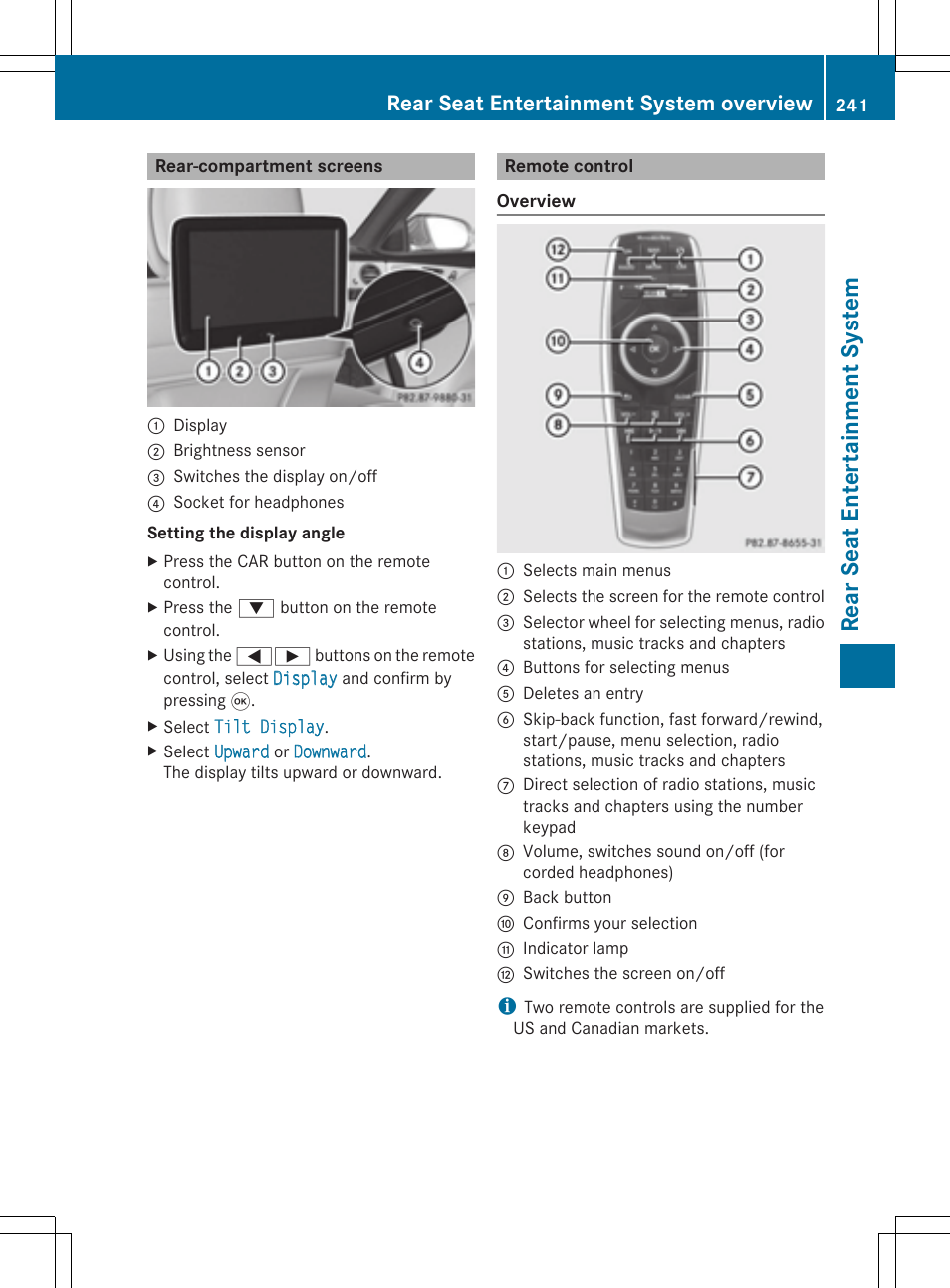 Rear se at en tertain men tsys tem, Rear seat entertainment system overview | Mercedes-Benz S-Class 2014 COMAND Manual User Manual | Page 243 / 278