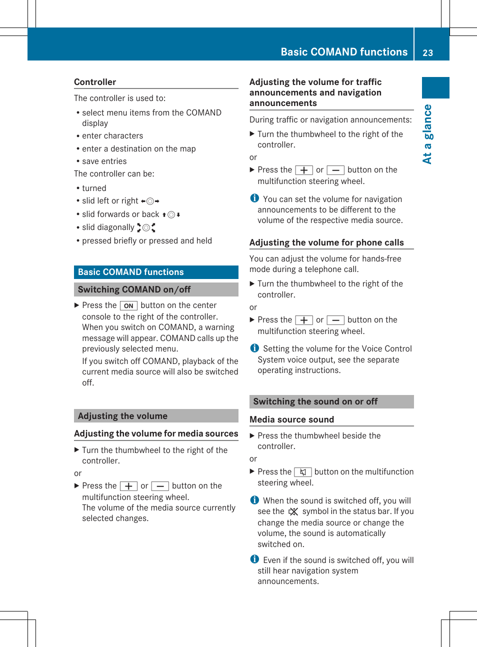 At a glan ce, Basic comand functions | Mercedes-Benz S-Class 2014 COMAND Manual User Manual | Page 25 / 278
