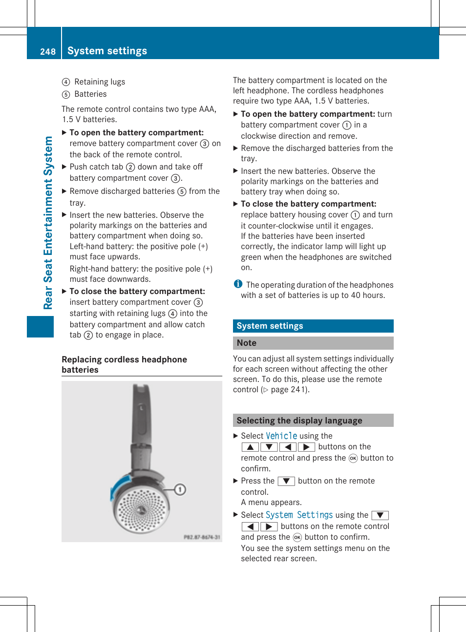 Rea rse at ent er tai nme nt sy ste m, System settings | Mercedes-Benz S-Class 2014 COMAND Manual User Manual | Page 250 / 278