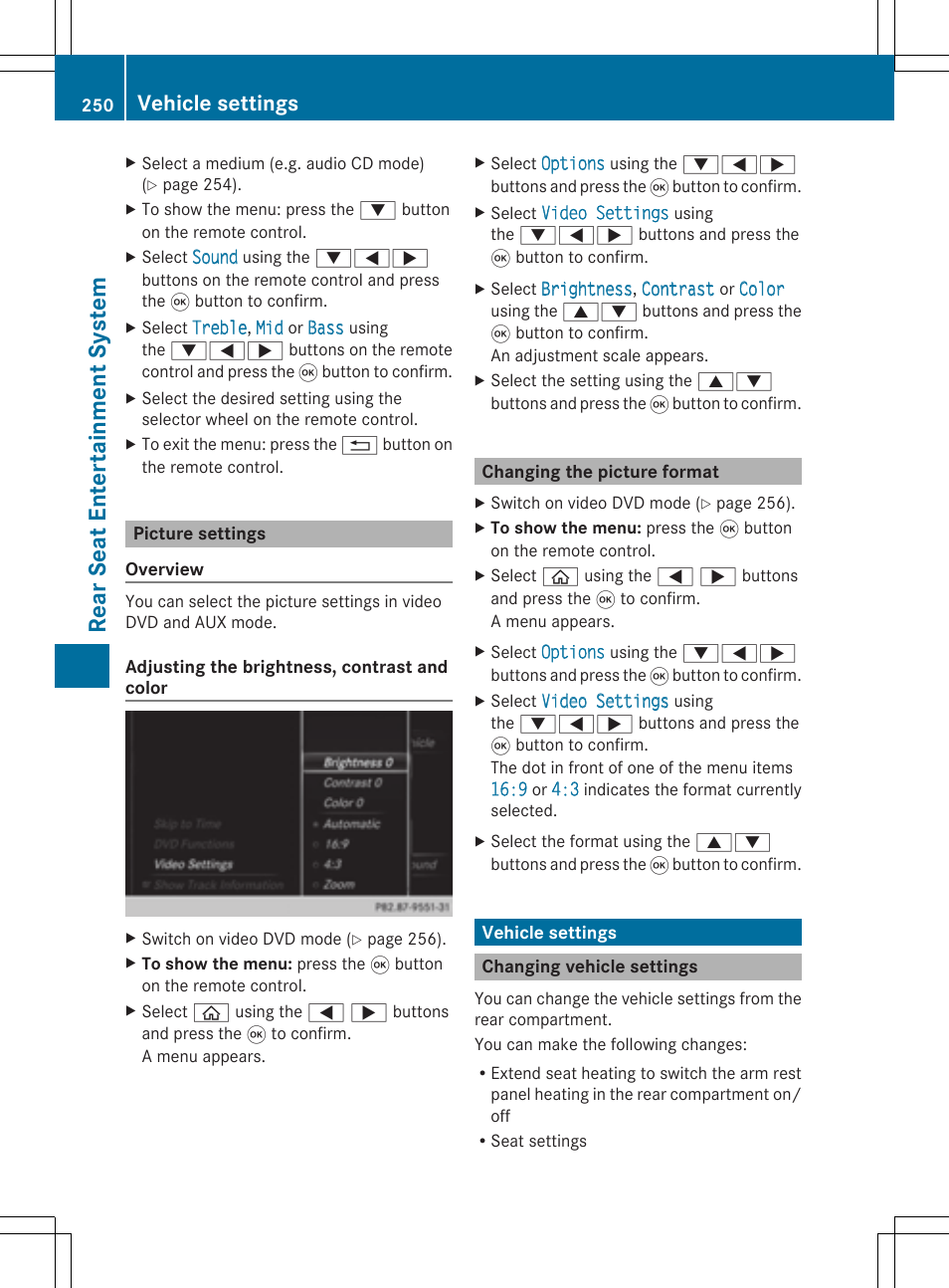 Rear seat entert ainm ent syst em, Vehicle settings | Mercedes-Benz S-Class 2014 COMAND Manual User Manual | Page 252 / 278