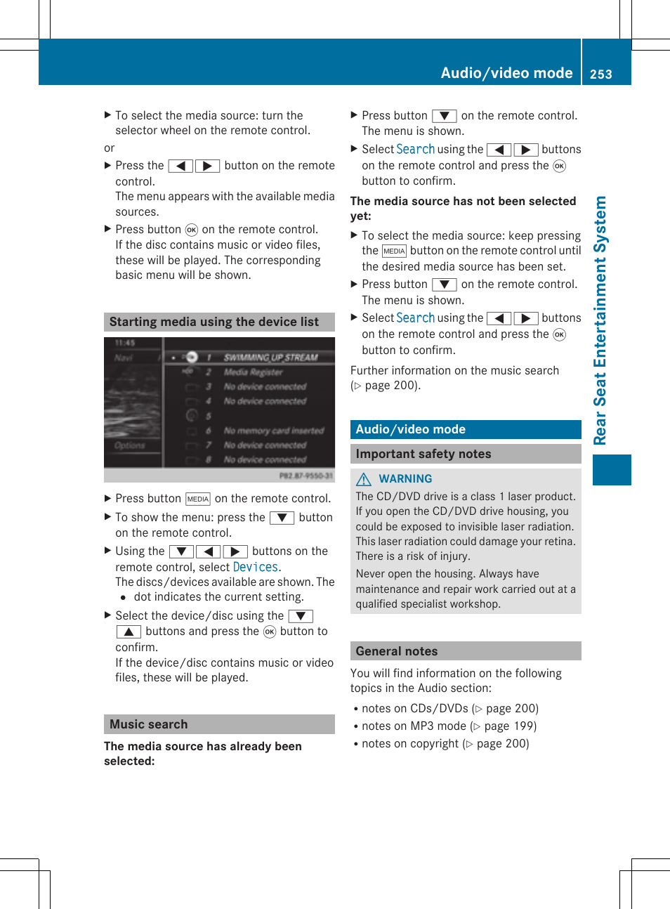 Rear seat entertainment system, Audio/video mode | Mercedes-Benz S-Class 2014 COMAND Manual User Manual | Page 255 / 278