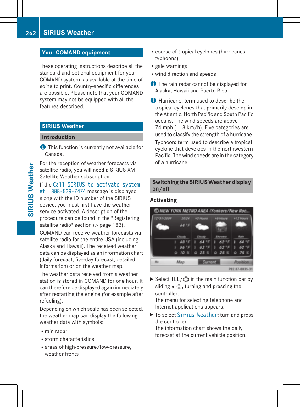 Sirius weat her, Sirius weather | Mercedes-Benz S-Class 2014 COMAND Manual User Manual | Page 264 / 278