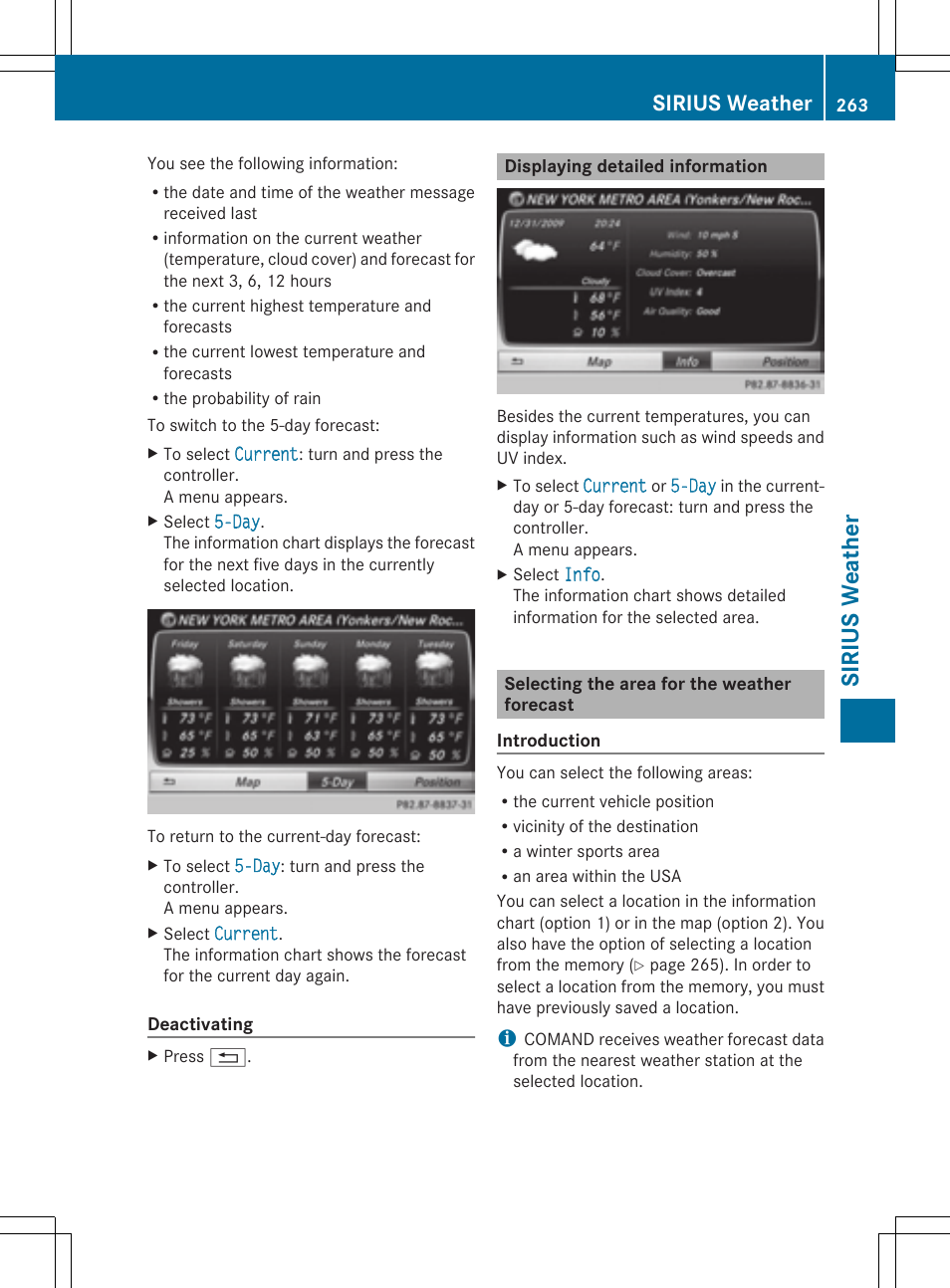Sirius weat her, Sirius weather | Mercedes-Benz S-Class 2014 COMAND Manual User Manual | Page 265 / 278