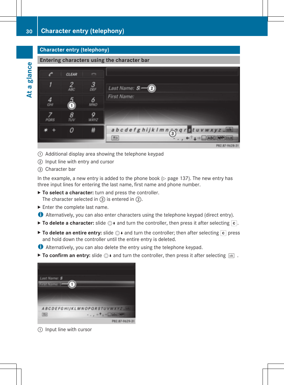 At a glan ce, Character entry (telephony) | Mercedes-Benz S-Class 2014 COMAND Manual User Manual | Page 32 / 278