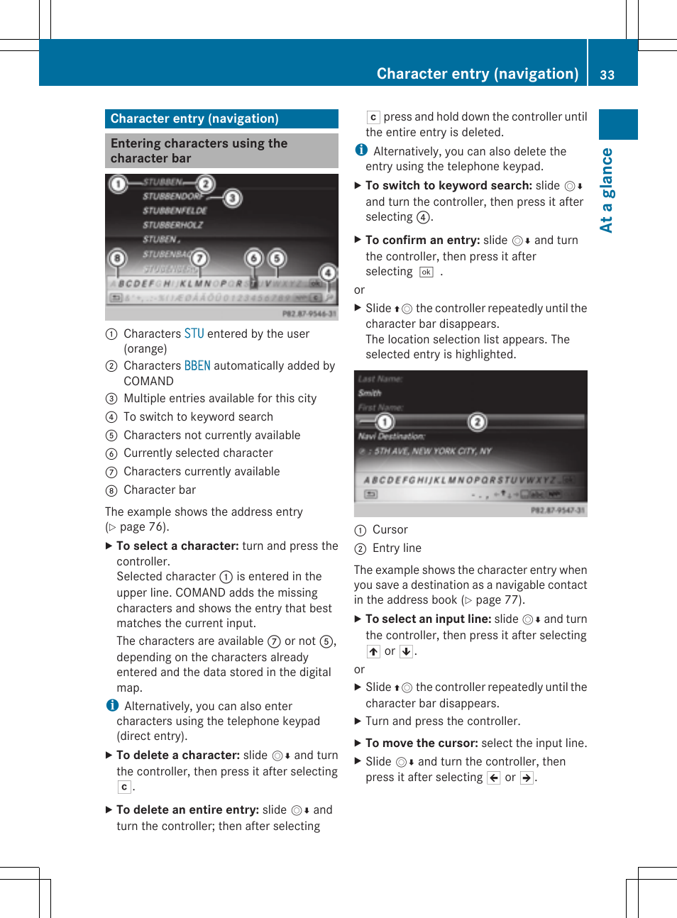 At a glan ce, Character entry (navigation) | Mercedes-Benz S-Class 2014 COMAND Manual User Manual | Page 35 / 278