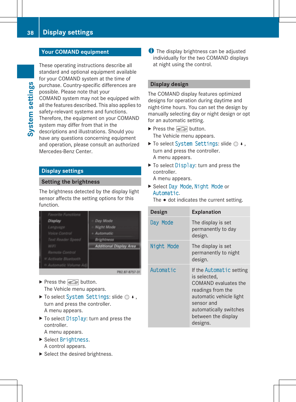 Sy ste m se ttin gs, Display settings | Mercedes-Benz S-Class 2014 COMAND Manual User Manual | Page 40 / 278