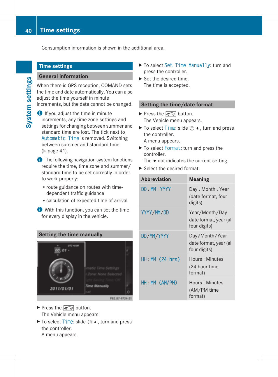 Sys tem set tings, Time settings | Mercedes-Benz S-Class 2014 COMAND Manual User Manual | Page 42 / 278
