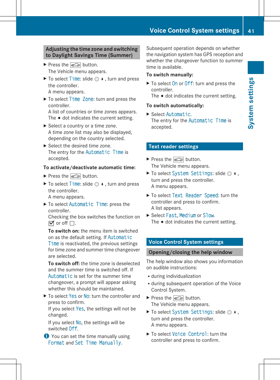 Sys tem set tings, Voice control system settings | Mercedes-Benz S-Class 2014 COMAND Manual User Manual | Page 43 / 278