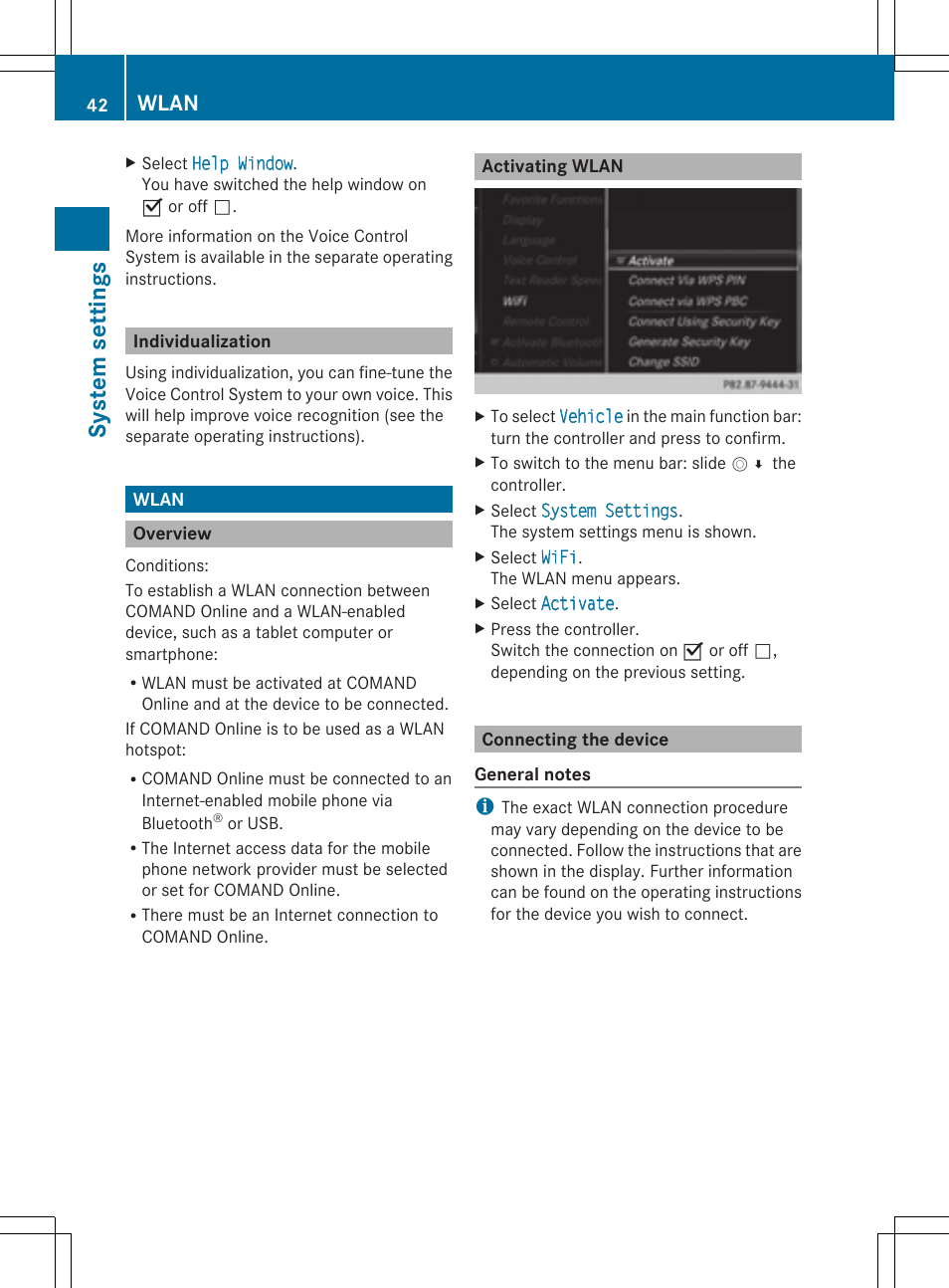 Sys tem se tting s, Wlan | Mercedes-Benz S-Class 2014 COMAND Manual User Manual | Page 44 / 278