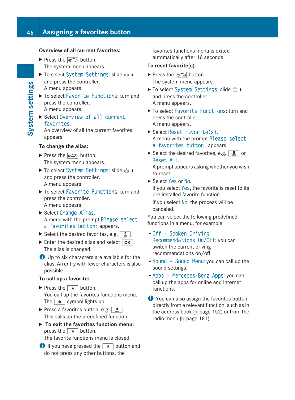 System settings, Assigning a favorites button | Mercedes-Benz S-Class 2014 COMAND Manual User Manual | Page 48 / 278
