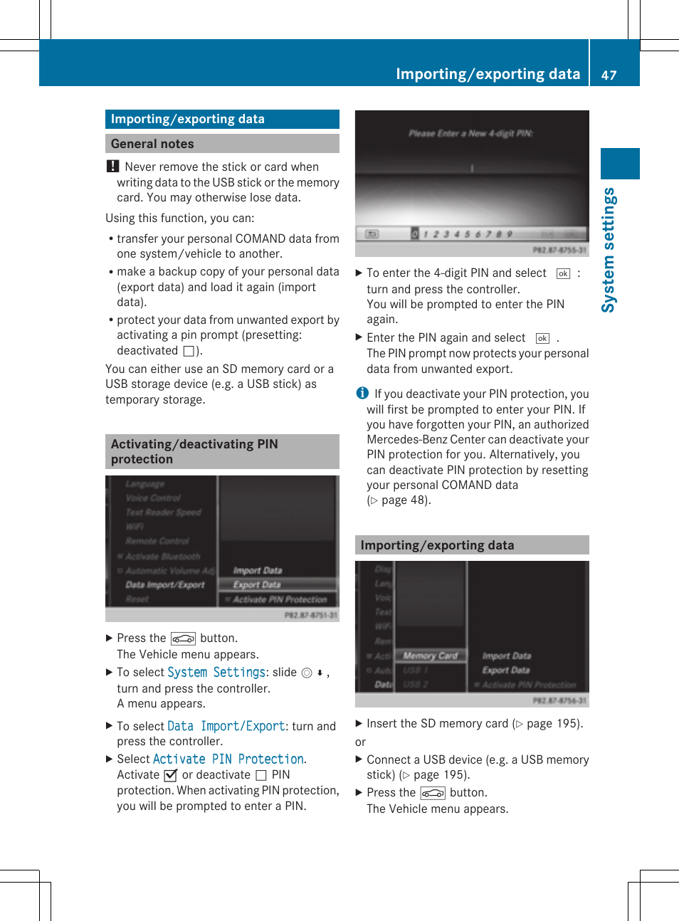 Sys tem set tings, Importing/exporting data | Mercedes-Benz S-Class 2014 COMAND Manual User Manual | Page 49 / 278