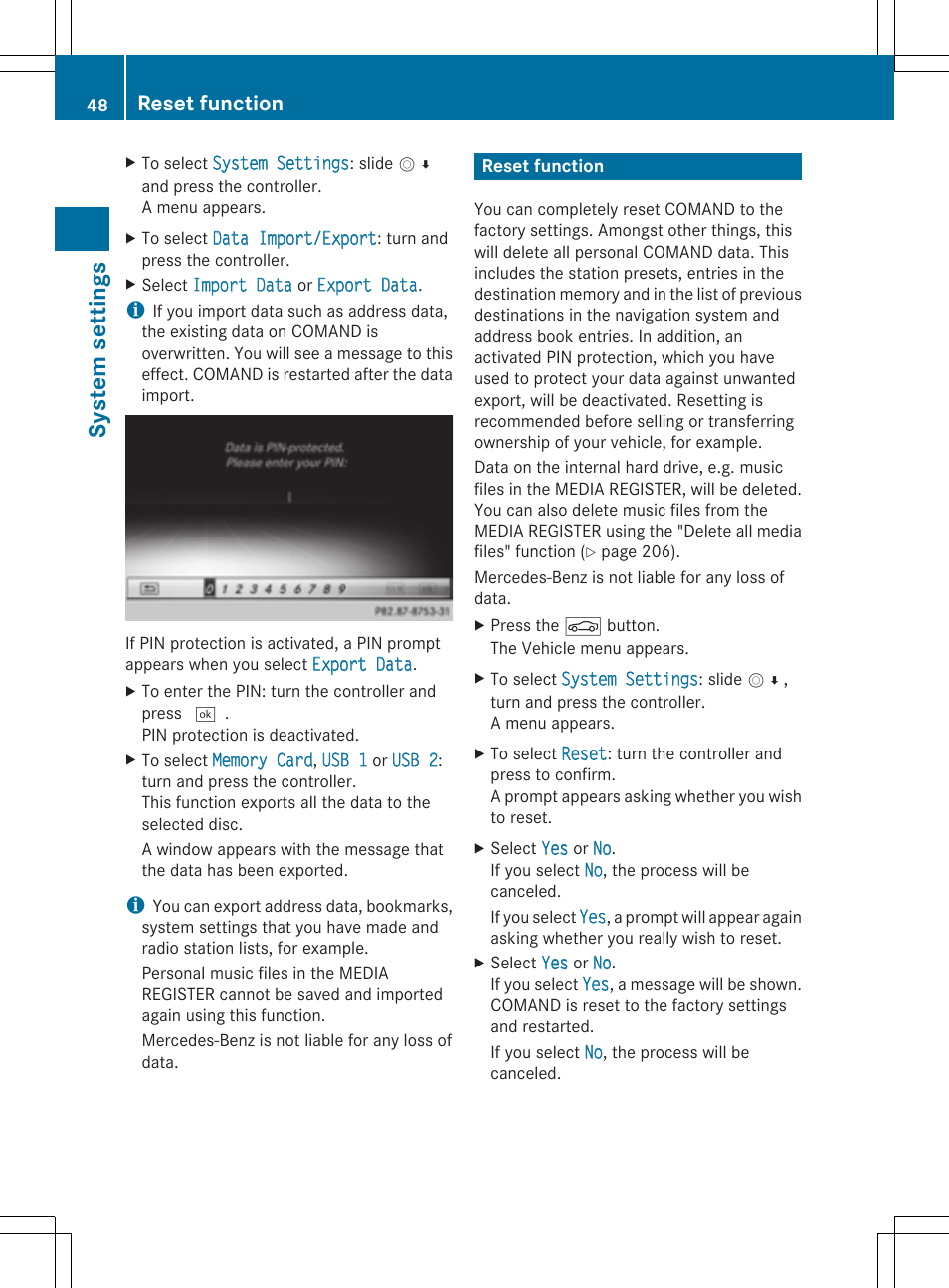 System settings, Reset function | Mercedes-Benz S-Class 2014 COMAND Manual User Manual | Page 50 / 278