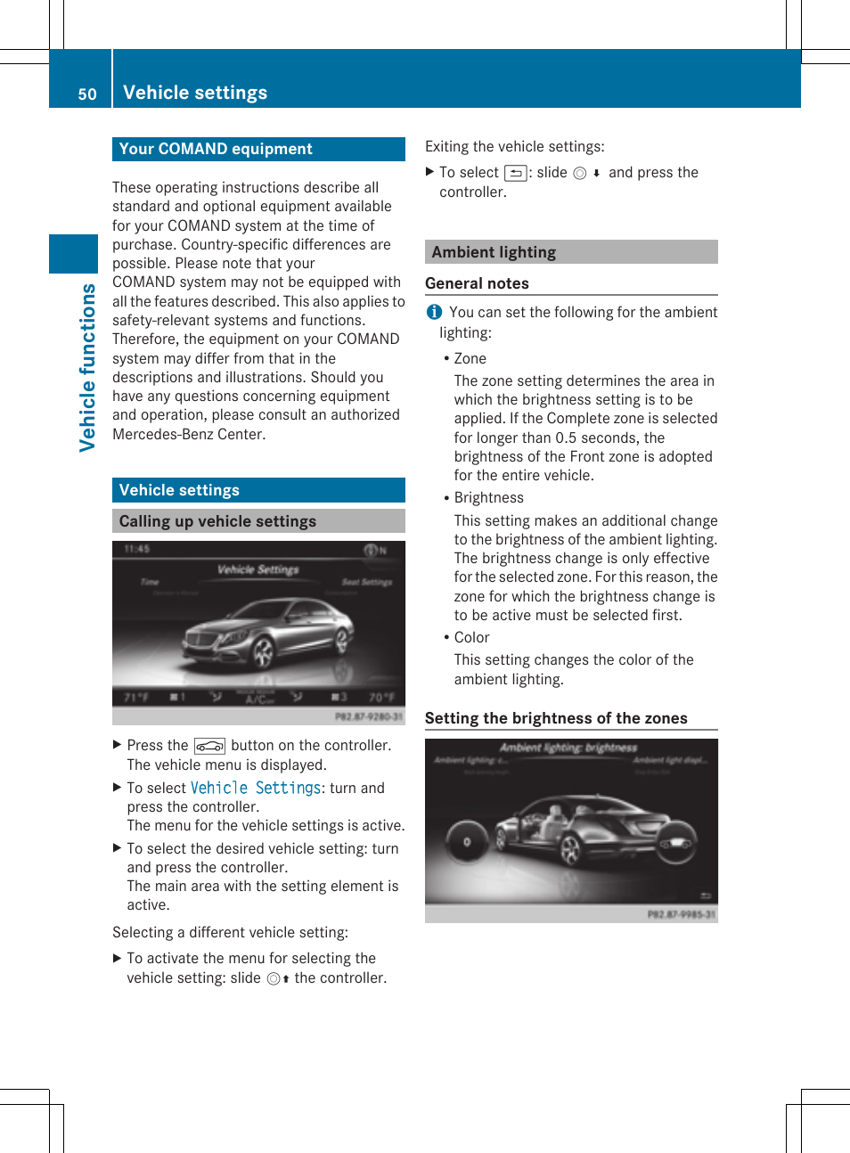 Veh ic le fun ct ions, Vehicle settings | Mercedes-Benz S-Class 2014 COMAND Manual User Manual | Page 52 / 278