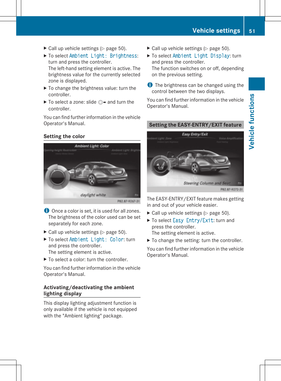 Veh icle fu nct ions, Vehicle settings | Mercedes-Benz S-Class 2014 COMAND Manual User Manual | Page 53 / 278