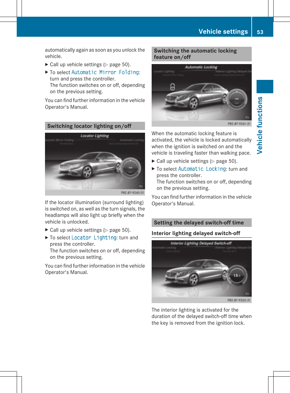 Veh icle fu ncti ons, Vehicle settings | Mercedes-Benz S-Class 2014 COMAND Manual User Manual | Page 55 / 278