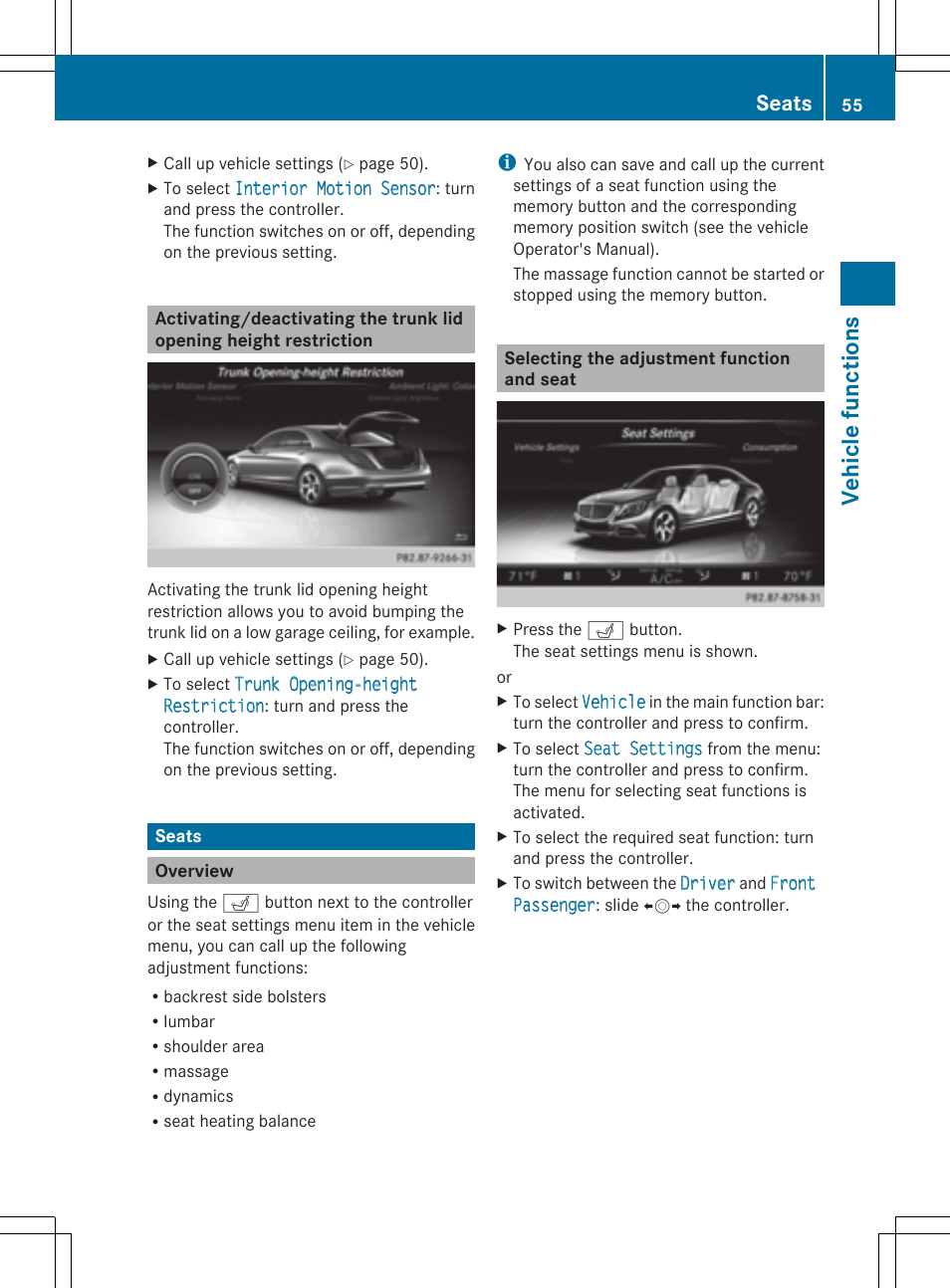 Veh icle fu nct ions, Seats | Mercedes-Benz S-Class 2014 COMAND Manual User Manual | Page 57 / 278