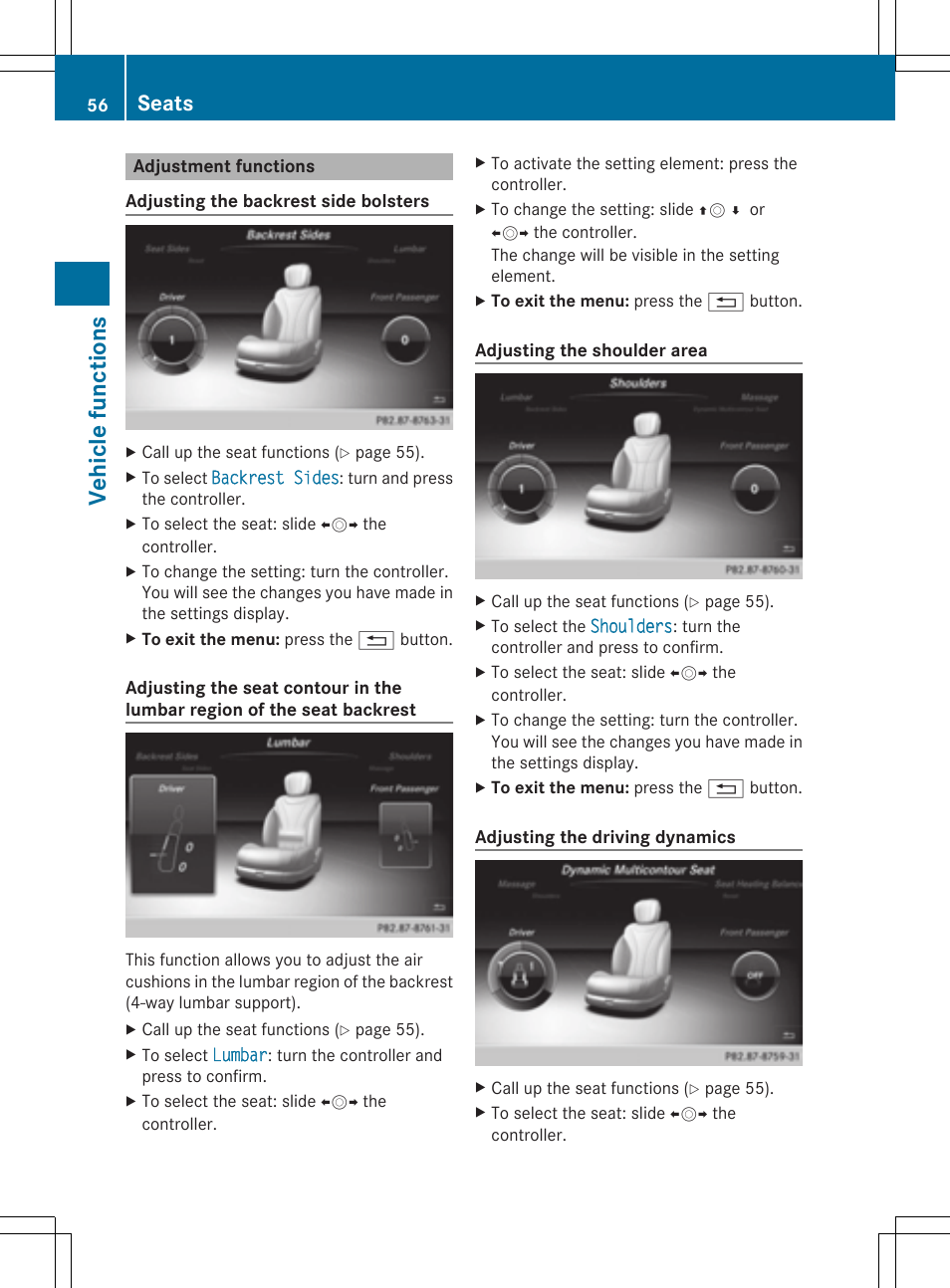 Veh icle fu nct ions, Seats | Mercedes-Benz S-Class 2014 COMAND Manual User Manual | Page 58 / 278