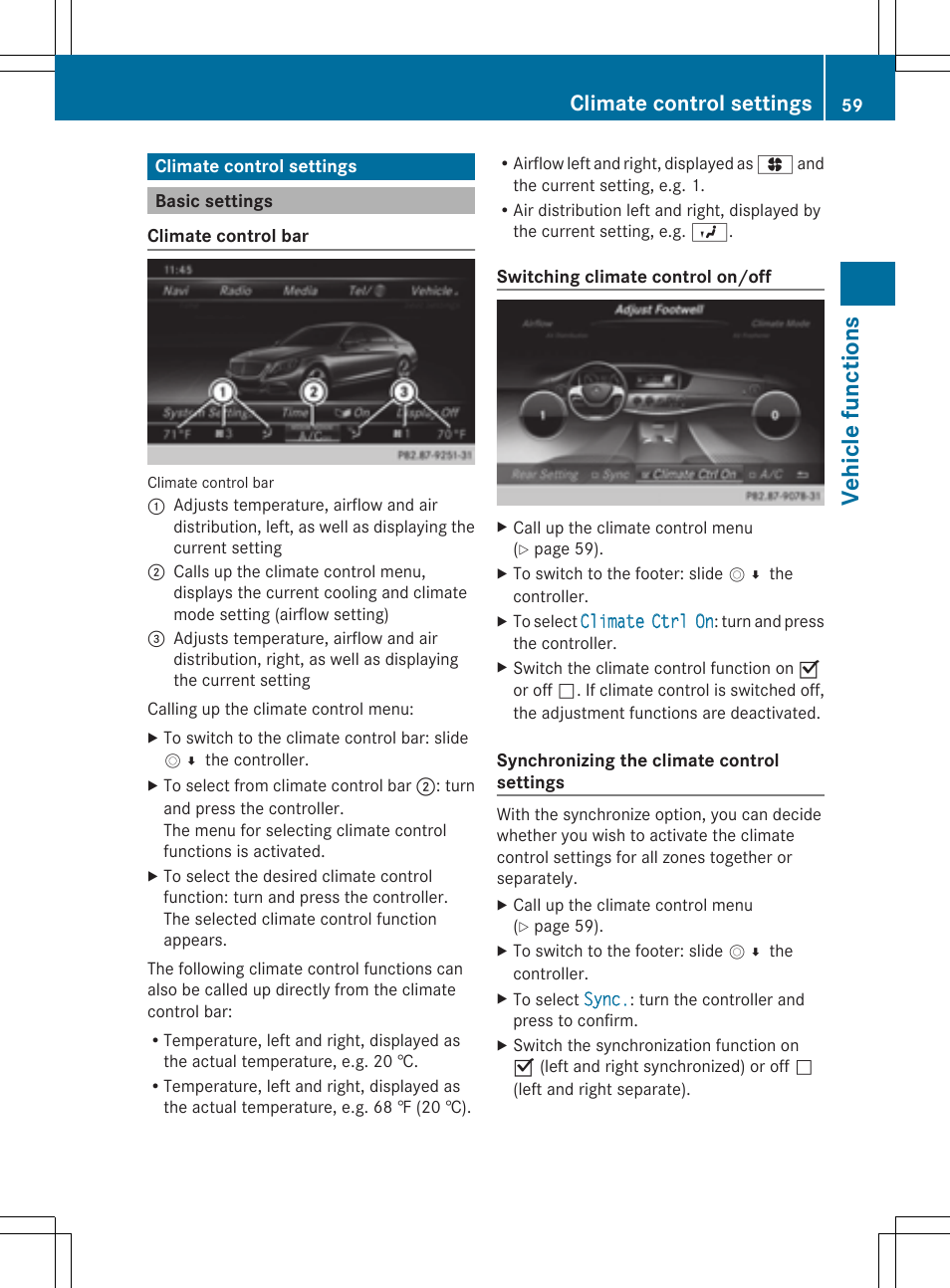 Veh icle fu ncti ons, Climate control settings | Mercedes-Benz S-Class 2014 COMAND Manual User Manual | Page 61 / 278