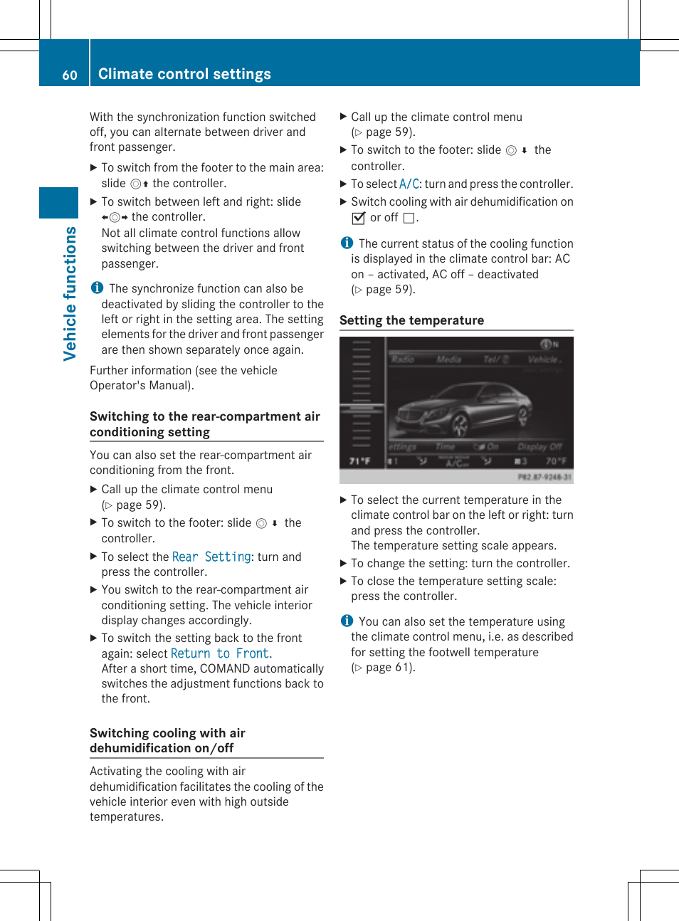 Vehicle functions, Climate control settings | Mercedes-Benz S-Class 2014 COMAND Manual User Manual | Page 62 / 278