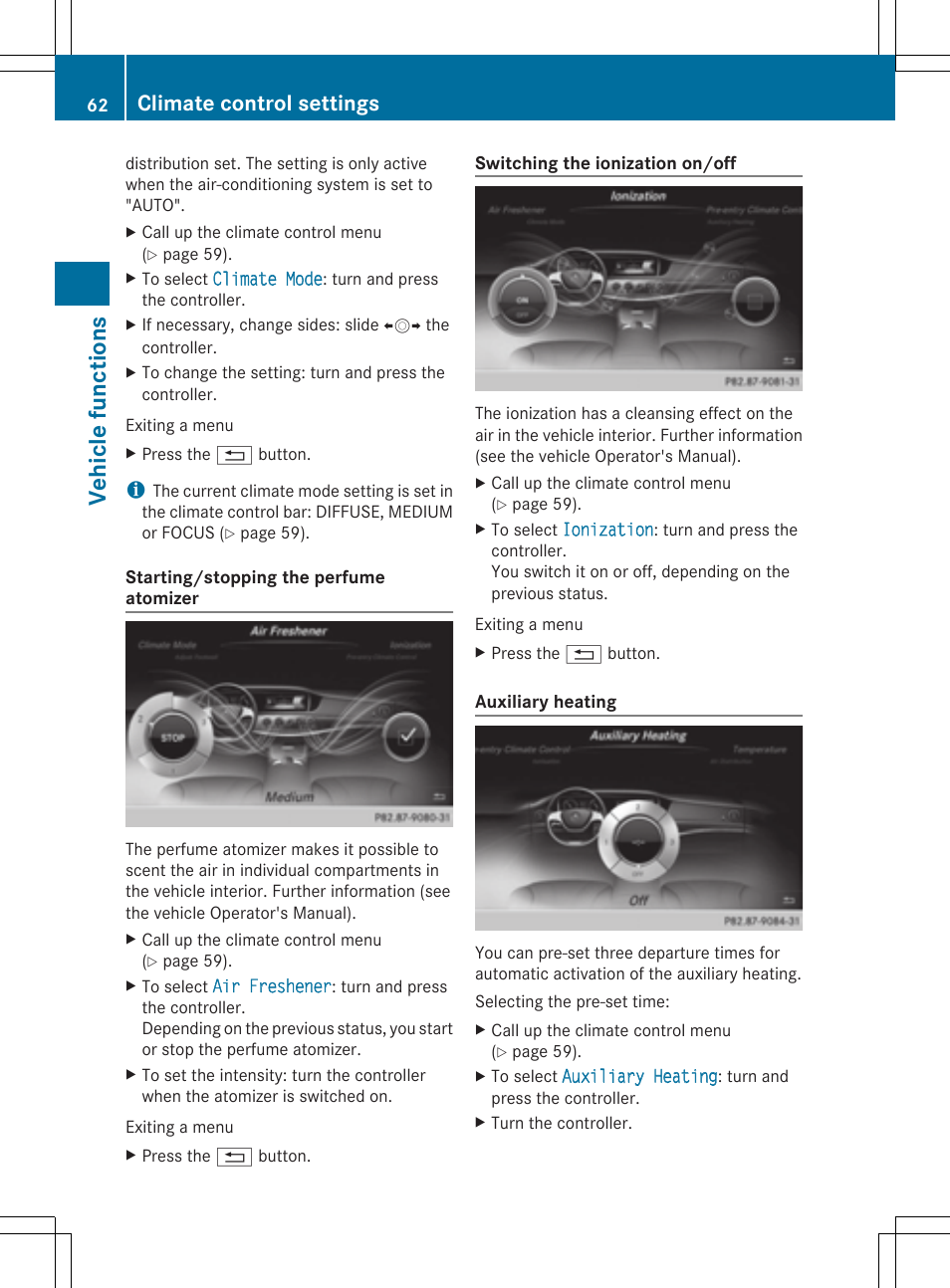 Vehicle funct ions, Climate control settings | Mercedes-Benz S-Class 2014 COMAND Manual User Manual | Page 64 / 278