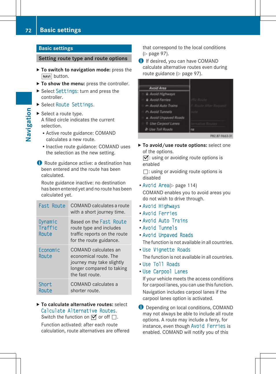 Navi gati on, Basic settings | Mercedes-Benz S-Class 2014 COMAND Manual User Manual | Page 74 / 278