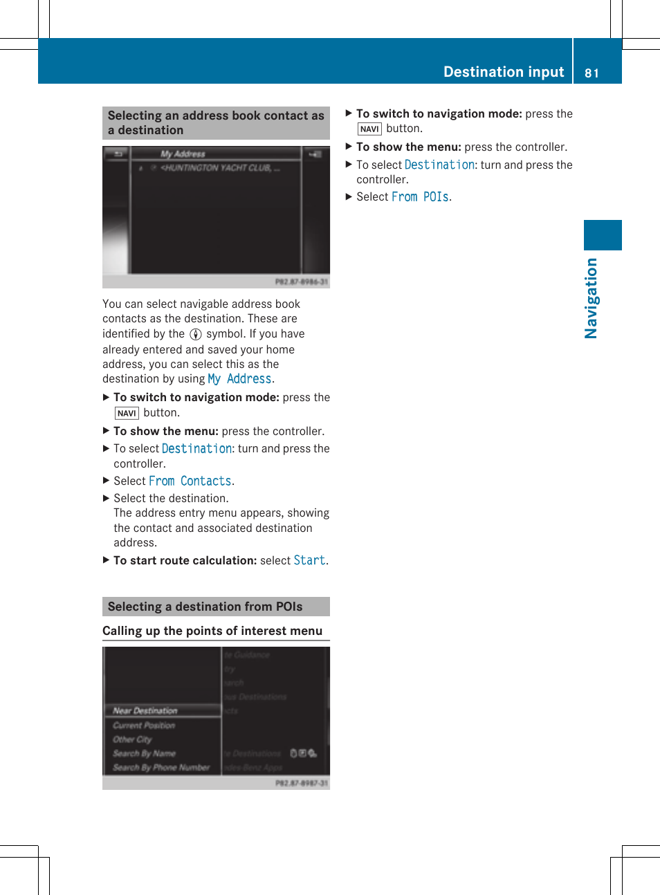 Navigation, Destination input | Mercedes-Benz S-Class 2014 COMAND Manual User Manual | Page 83 / 278