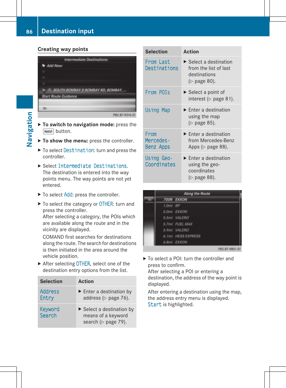 Na viga tion, Destination input | Mercedes-Benz S-Class 2014 COMAND Manual User Manual | Page 88 / 278